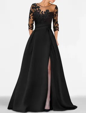 A-Line Evening Gown Elegant Dress Wedding Guest Floor Length 3/4 Length Sleeve Jewel Neck Satin with Beading Appliques