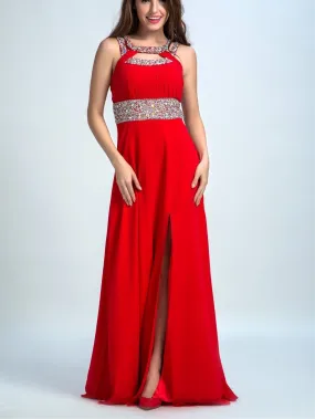 A-line Halter Floor-Length Satin Sequined Red Prom Dresses 2928