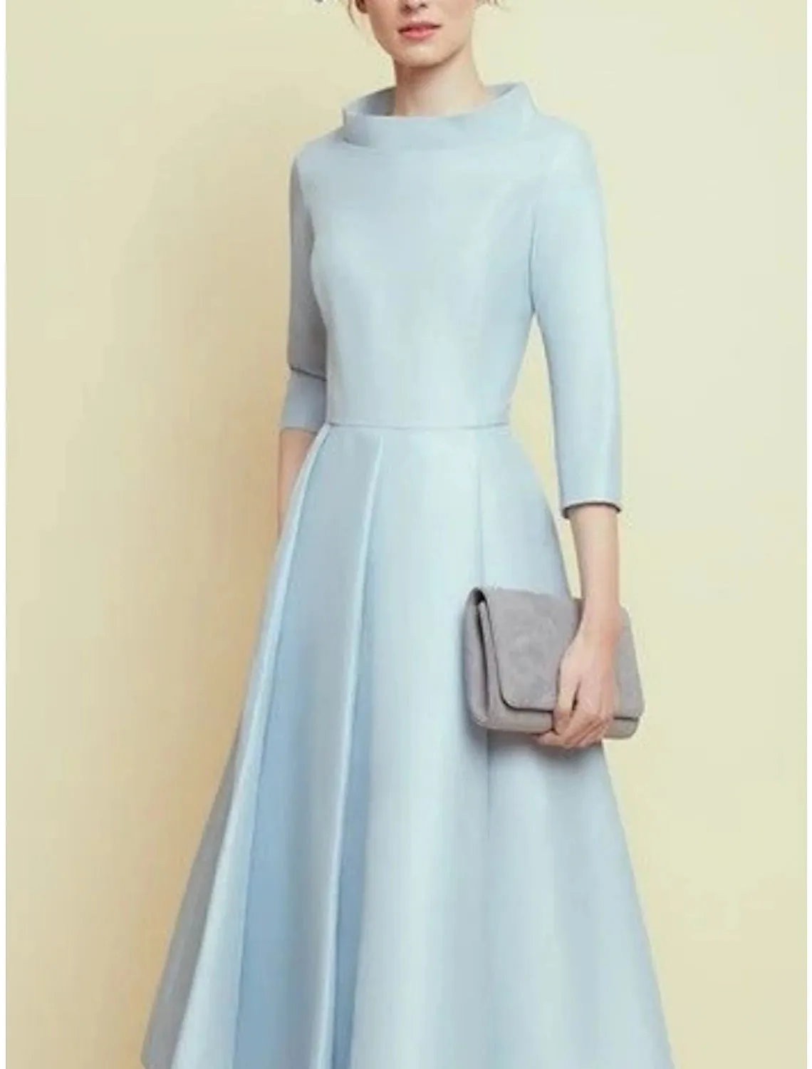 A-Line Mother of the Bride Dress Wedding Guest Simple Elegant Bateau Neck Tea Length Satin 3/4 Length Sleeve with Pleats Solid Color