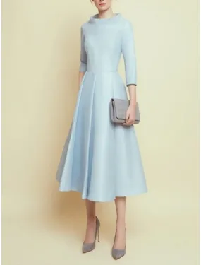 A-Line Mother of the Bride Dress Wedding Guest Simple Elegant Bateau Neck Tea Length Satin 3/4 Length Sleeve with Pleats Solid Color