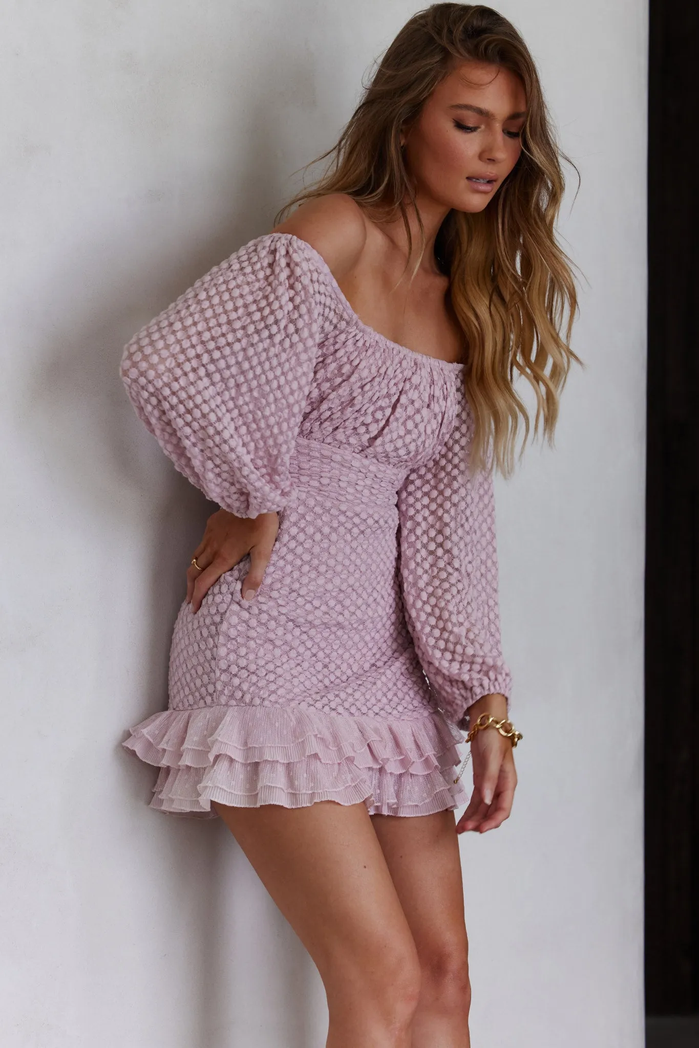 Abby Frill Hem Lace Dress Blush