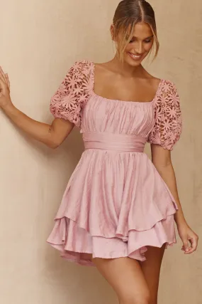 Abby Lace Puff Sleeve Tie-Up Back Dress Blush