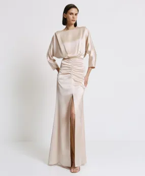 Access Fashion Cream Satin Maxi Dress With Gatherings And Slit