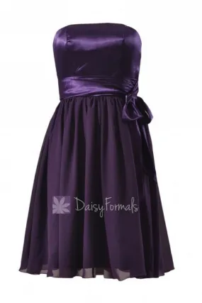 Attractive Knee Length Purple Party Dress Strapless Prom Dress W/Satin Sash(BM3727)