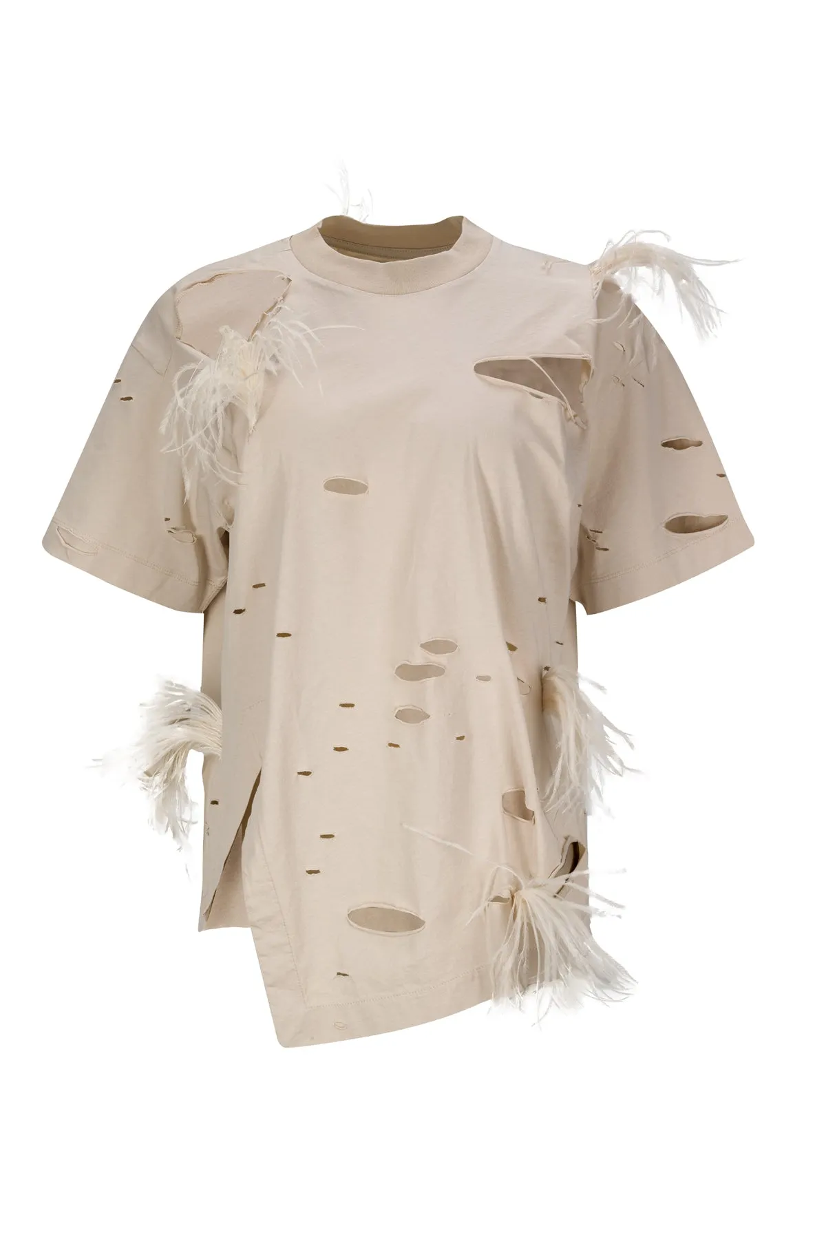 BEIGE DISTRESSED T-SHIRT WITH FEATHERS