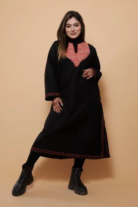 Black Color Kashmiri  Work Embroidered Phiran Enriched With Mechine Sozni Neckline Pattern