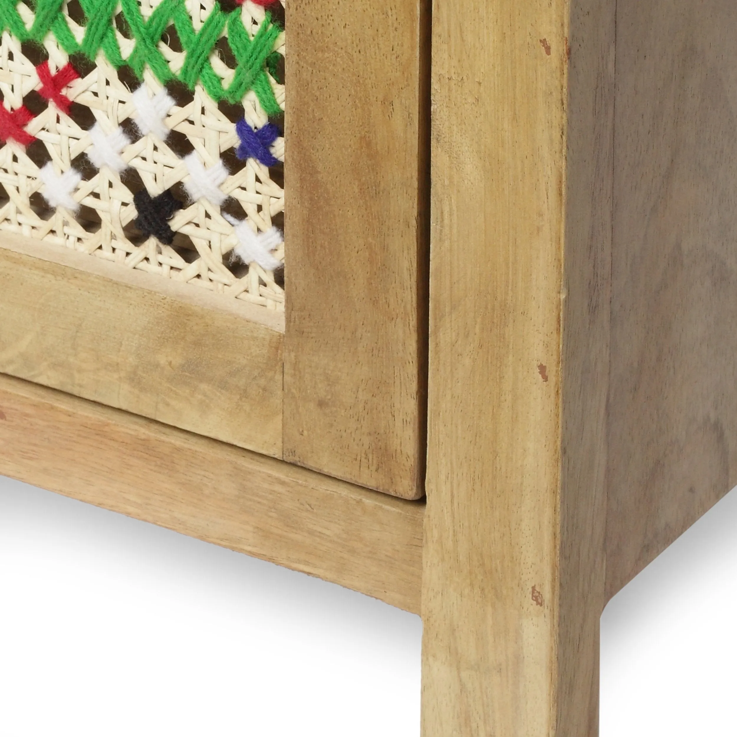 Boho Handcrafted Mango Wood Nightstand with Wool Accents, Natural and Multi-Colored - NH269413