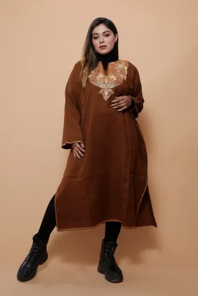 Brown Color Kashmiri  Work Embroidered Phiran Enriched With Zari Neckline Pattern