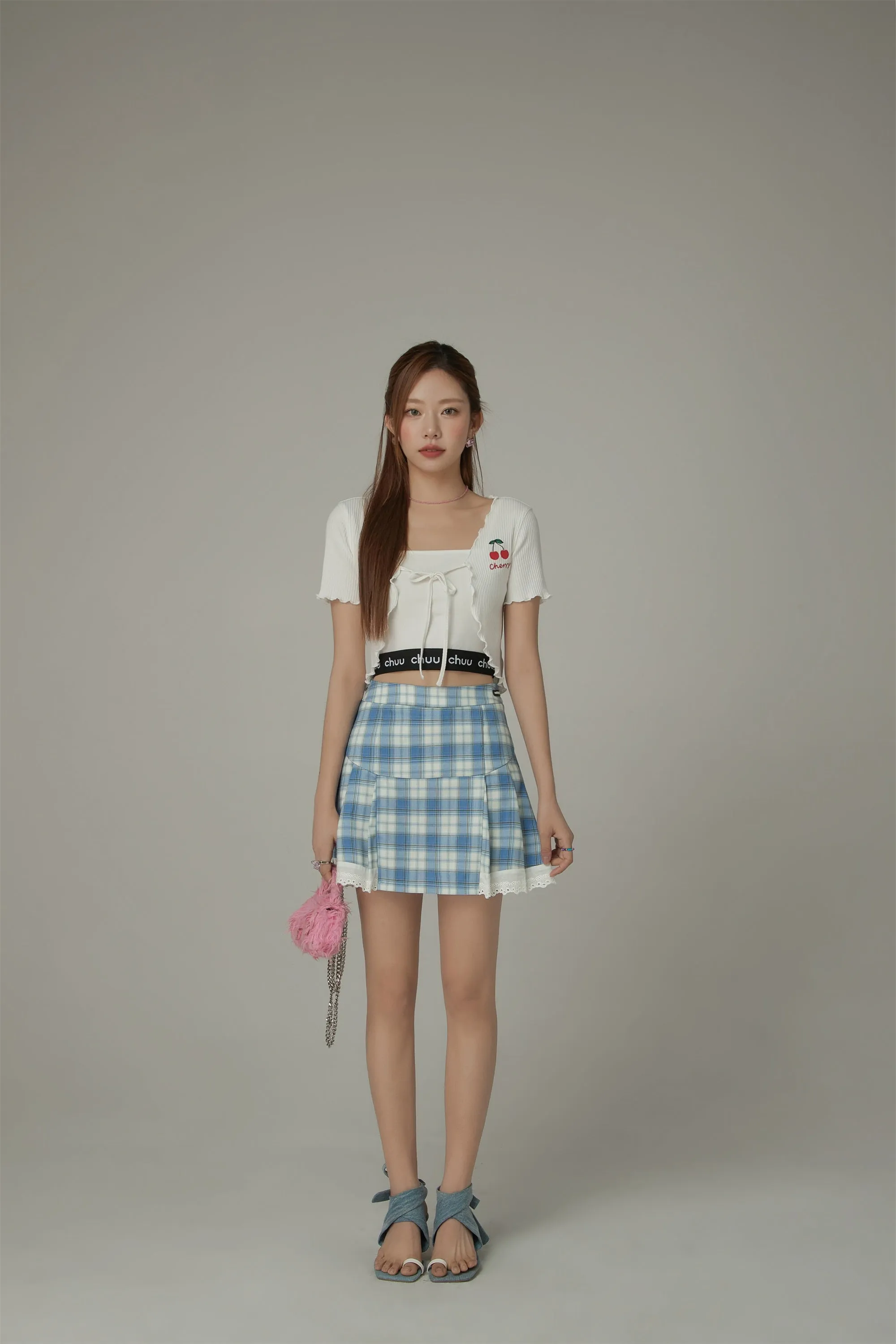 Checked Lace Hem Mini Skirt