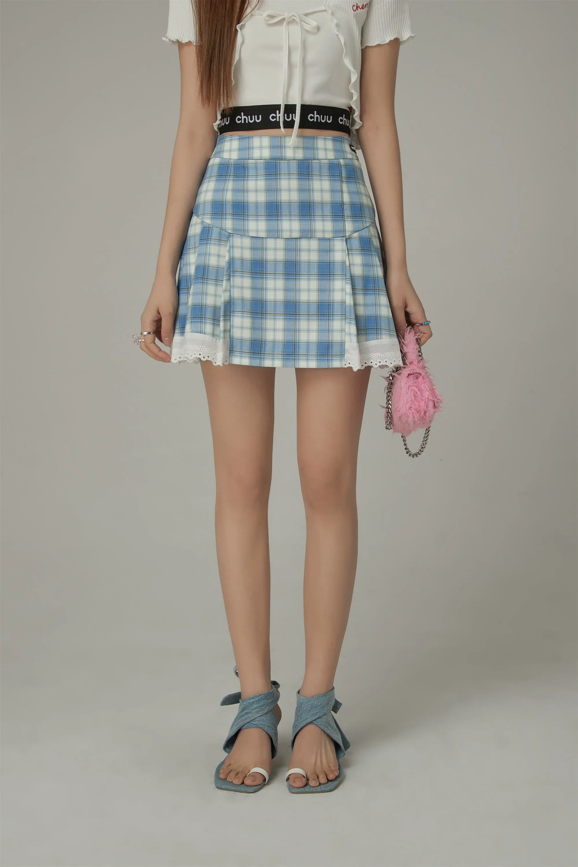 Checked Lace Hem Mini Skirt