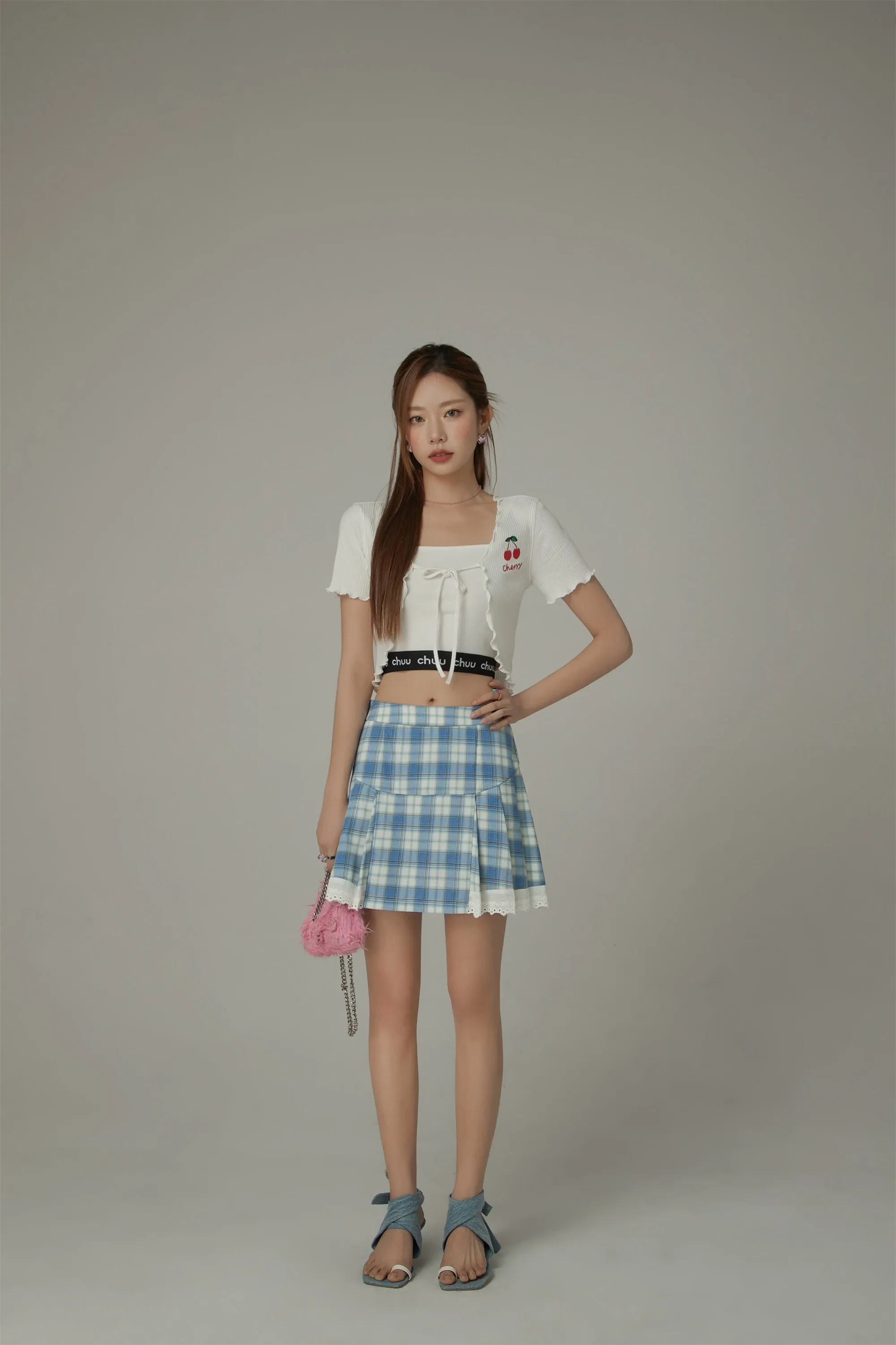 Checked Lace Hem Mini Skirt