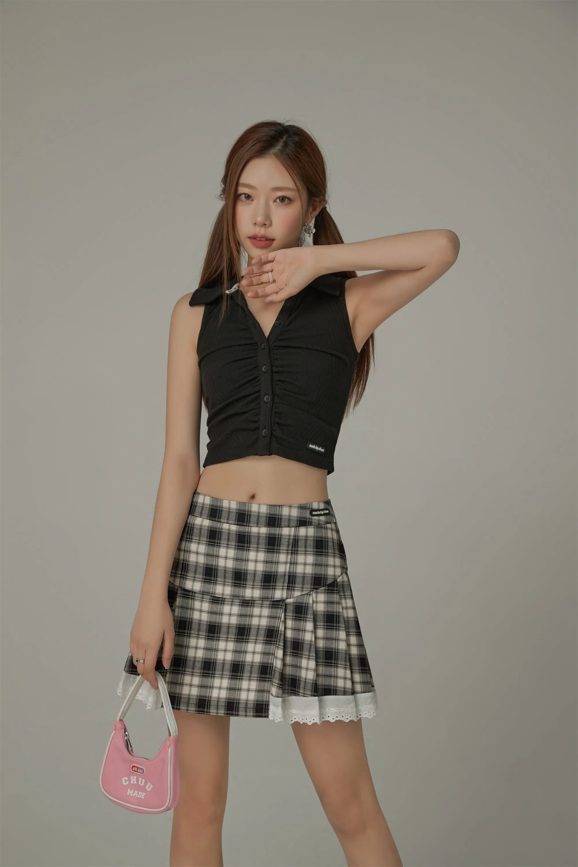 Checked Lace Hem Mini Skirt