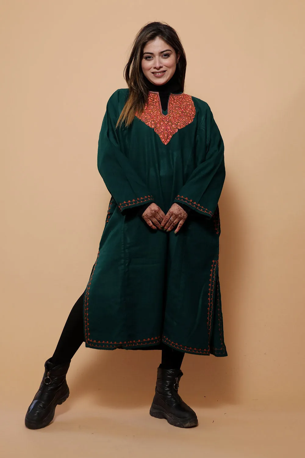 Dark Green Color Kashmiri  Work Embroidered Phiran Enriched With Mechine Sozni Neckline Pattern