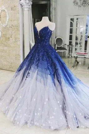 Elegant Royal Blue Ombre A-line Sweetheart Prom Dresses With Appliques, SP524