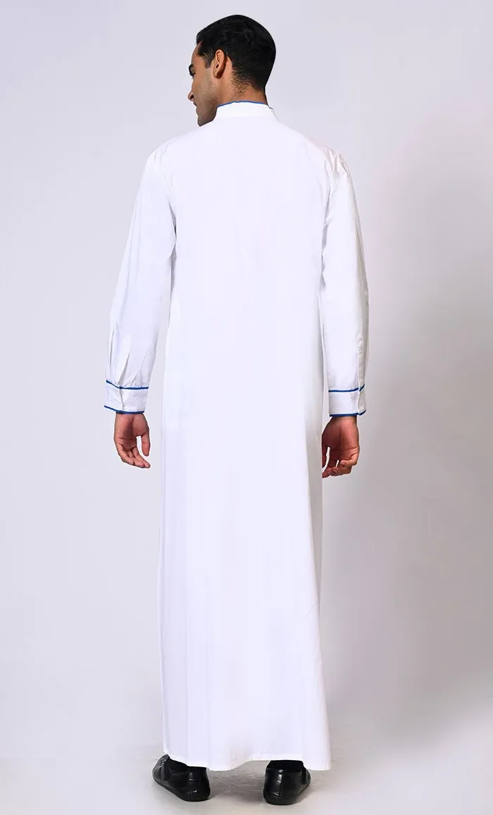 Elevated Elegance: Embroidered Men's White Thobe with Contrast Accents