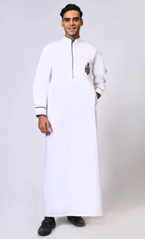 Elevated Elegance: Embroidered Men's White Thobe with Contrasting Trims