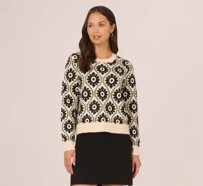 Floral Print Crew Neck Pullover Sweater In Cream Fatigue Black