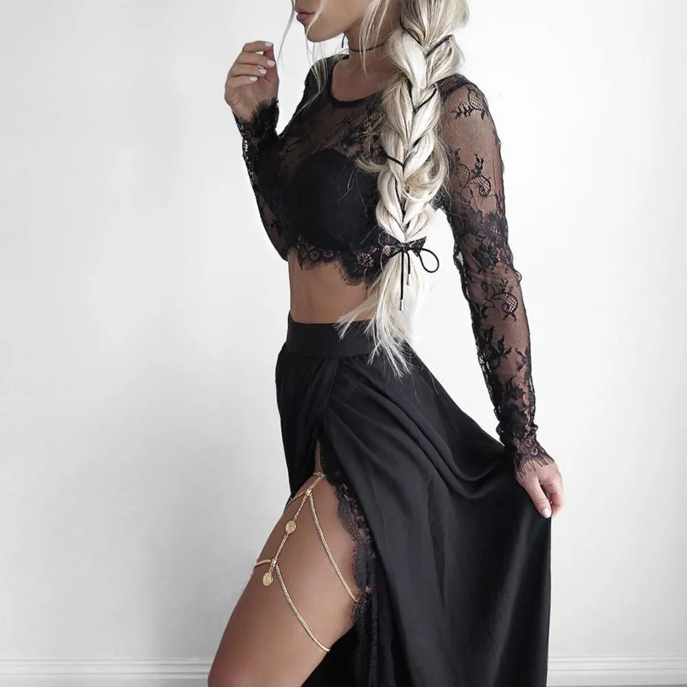 'Goth Mermaid' Black Two Piece Lace Top and Skirt Set