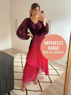 IMPERFECT Toni Long Sleeved Pleated Maxi Dress / Mulberry & Pink Ombre