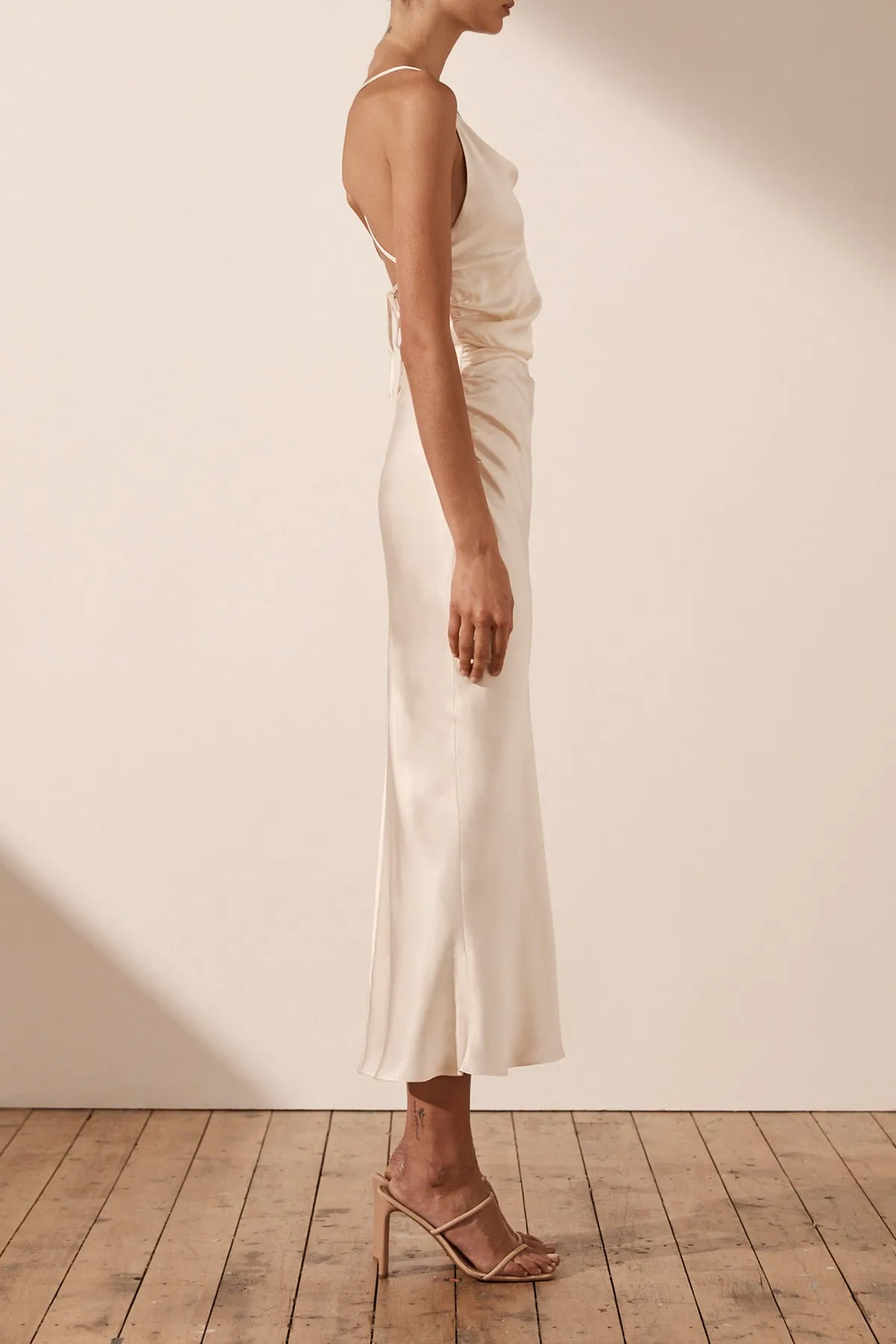 LA LUNE ASYMMETRICAL BIAS COWL MIDI DRESS - CREAM