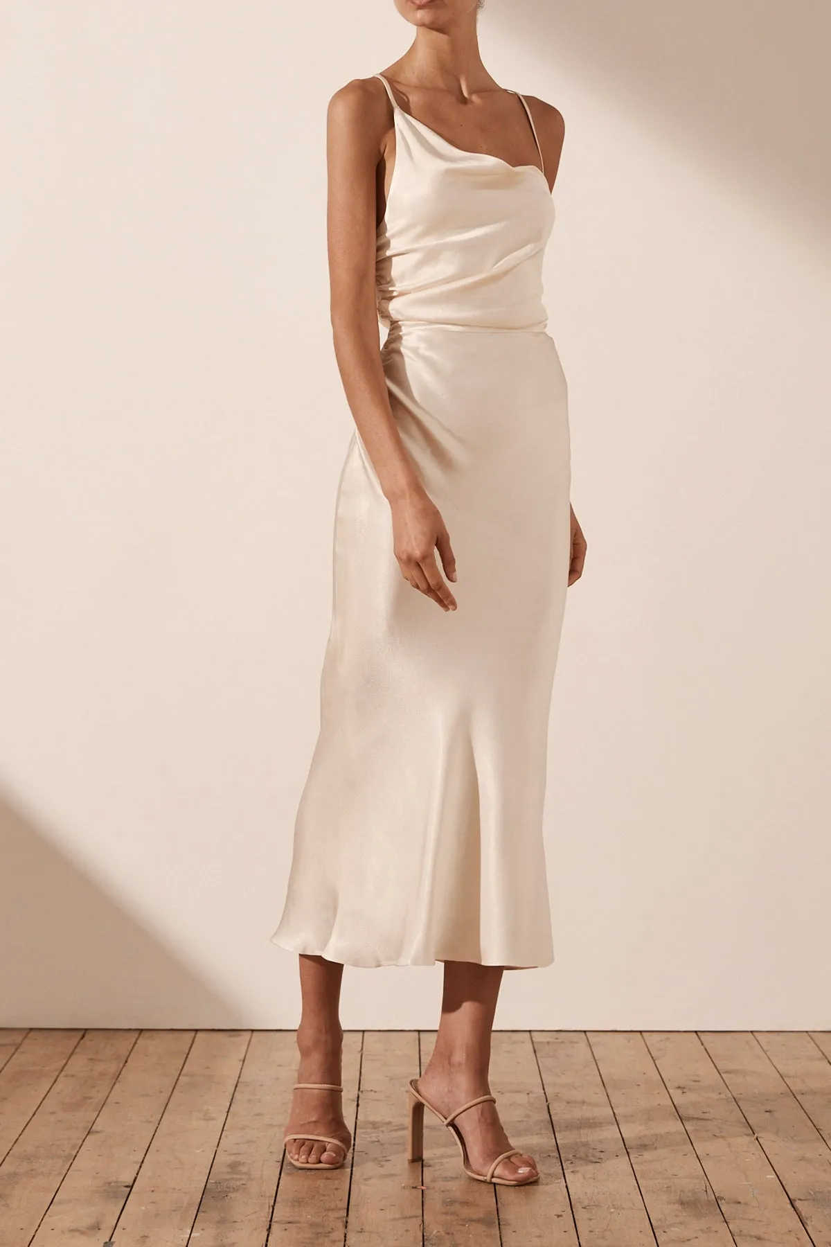 LA LUNE ASYMMETRICAL BIAS COWL MIDI DRESS - CREAM