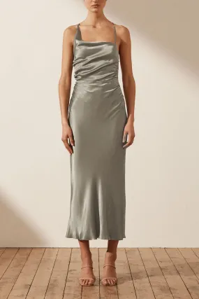 LA LUNE ASYMMETRICAL BIAS COWL MIDI DRESS - SAGE