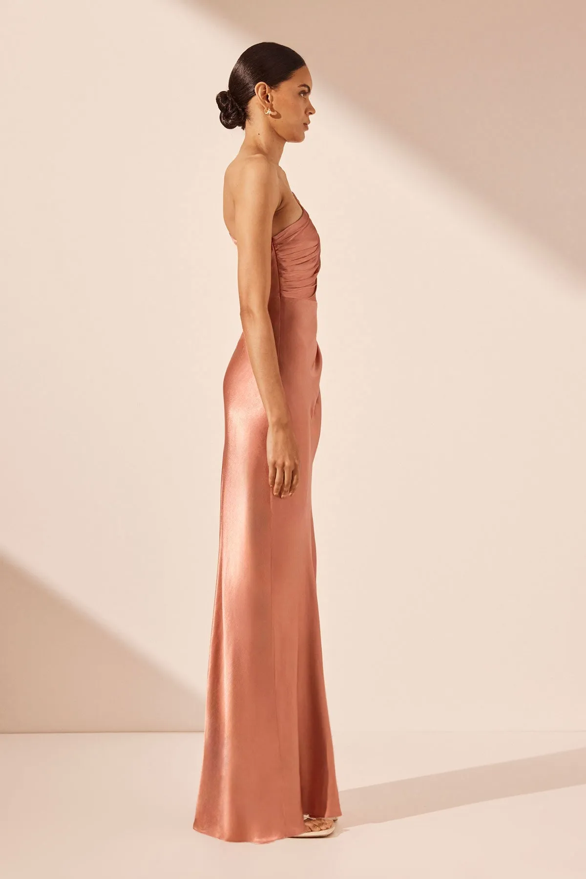 LA LUNE ASYMMETRICAL GATHERED MAXI DRESS - ANTIQUE ROSE