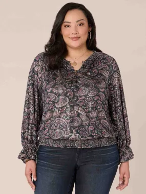 Long Sleeve High Round Neck Printed Plus Size Knit Top