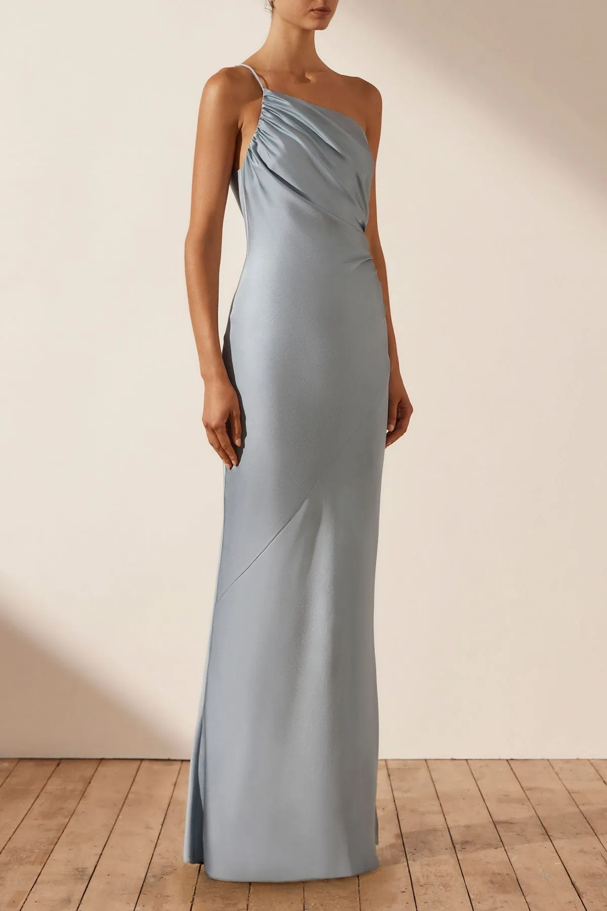 LUXE ASYMMETRICAL GATHERED MAXI DRESS - AZURE