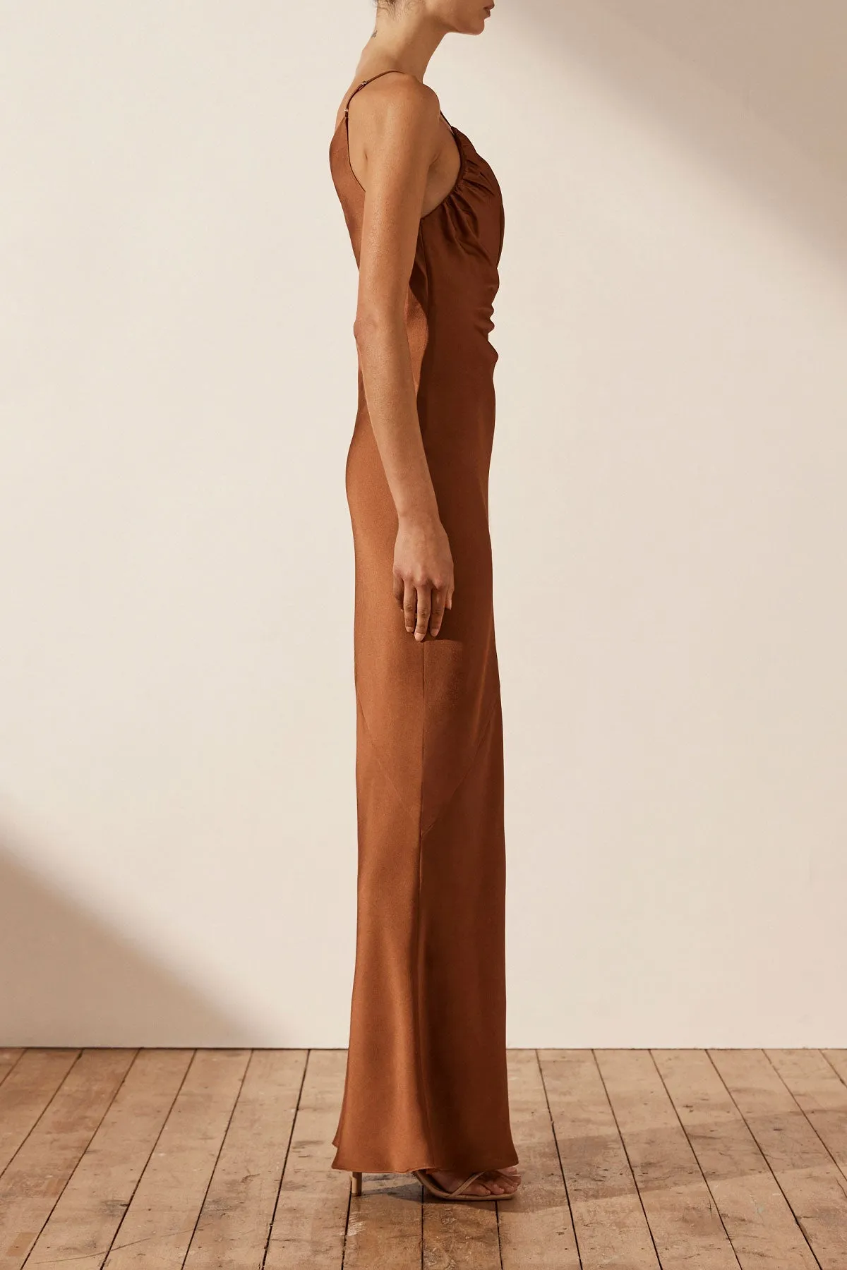 LUXE ASYMMETRICAL GATHERED MAXI DRESS - MOCHA