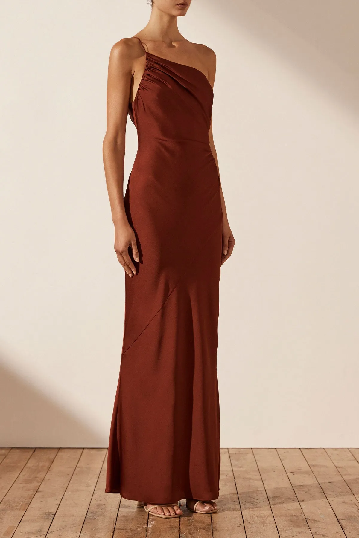 LUXE ASYMMETRICAL GATHERED MAXI DRESS - SANGRIA