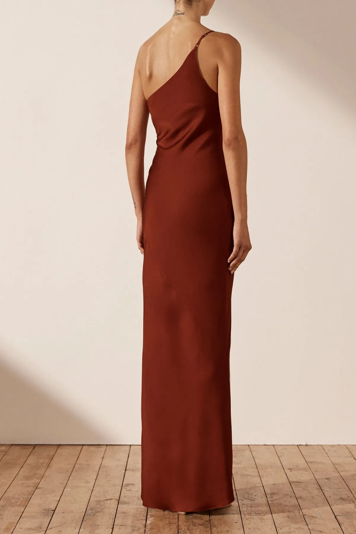 LUXE ASYMMETRICAL GATHERED MAXI DRESS - SANGRIA