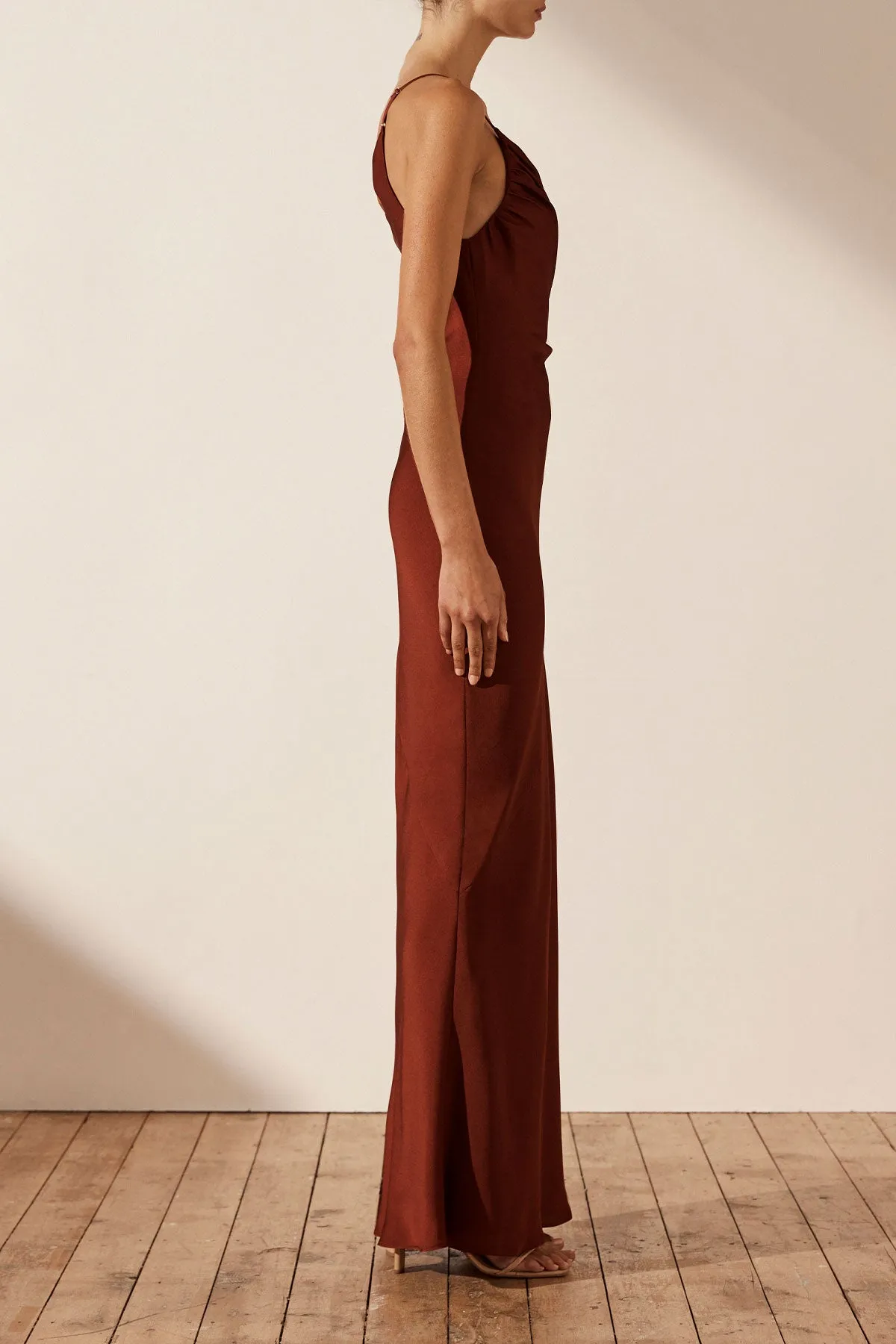 LUXE ASYMMETRICAL GATHERED MAXI DRESS - SANGRIA