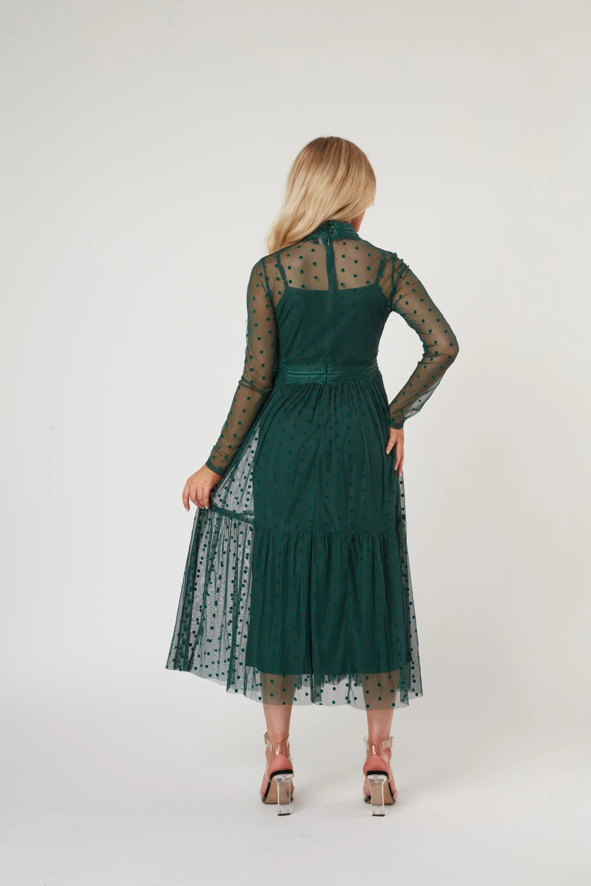 Roman Lola Polka Dot Midi Dress in Green