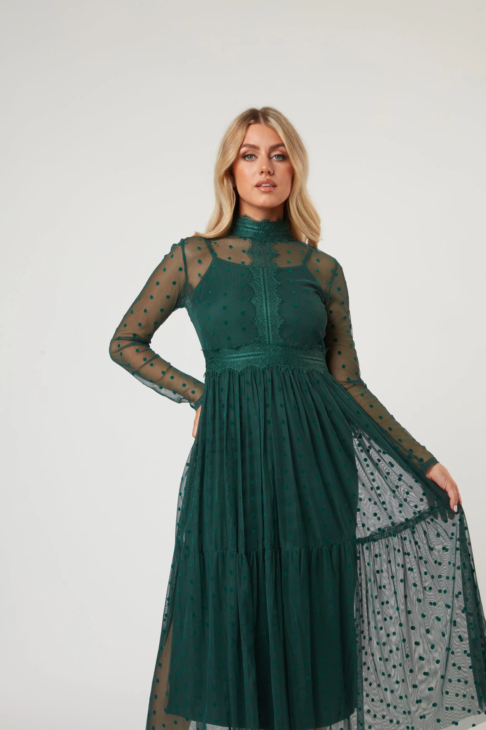 Roman Lola Polka Dot Midi Dress in Green