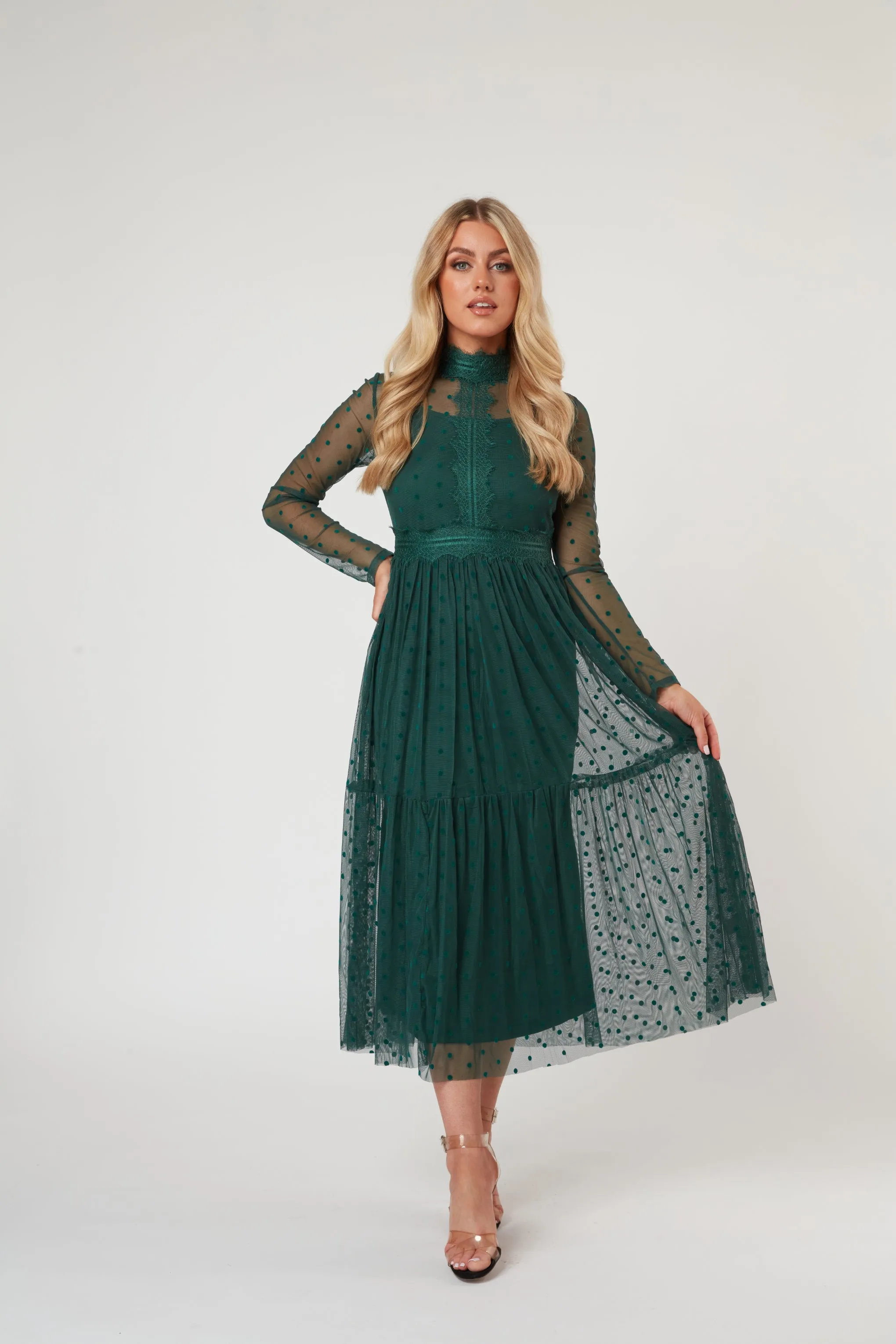 Roman Lola Polka Dot Midi Dress in Green