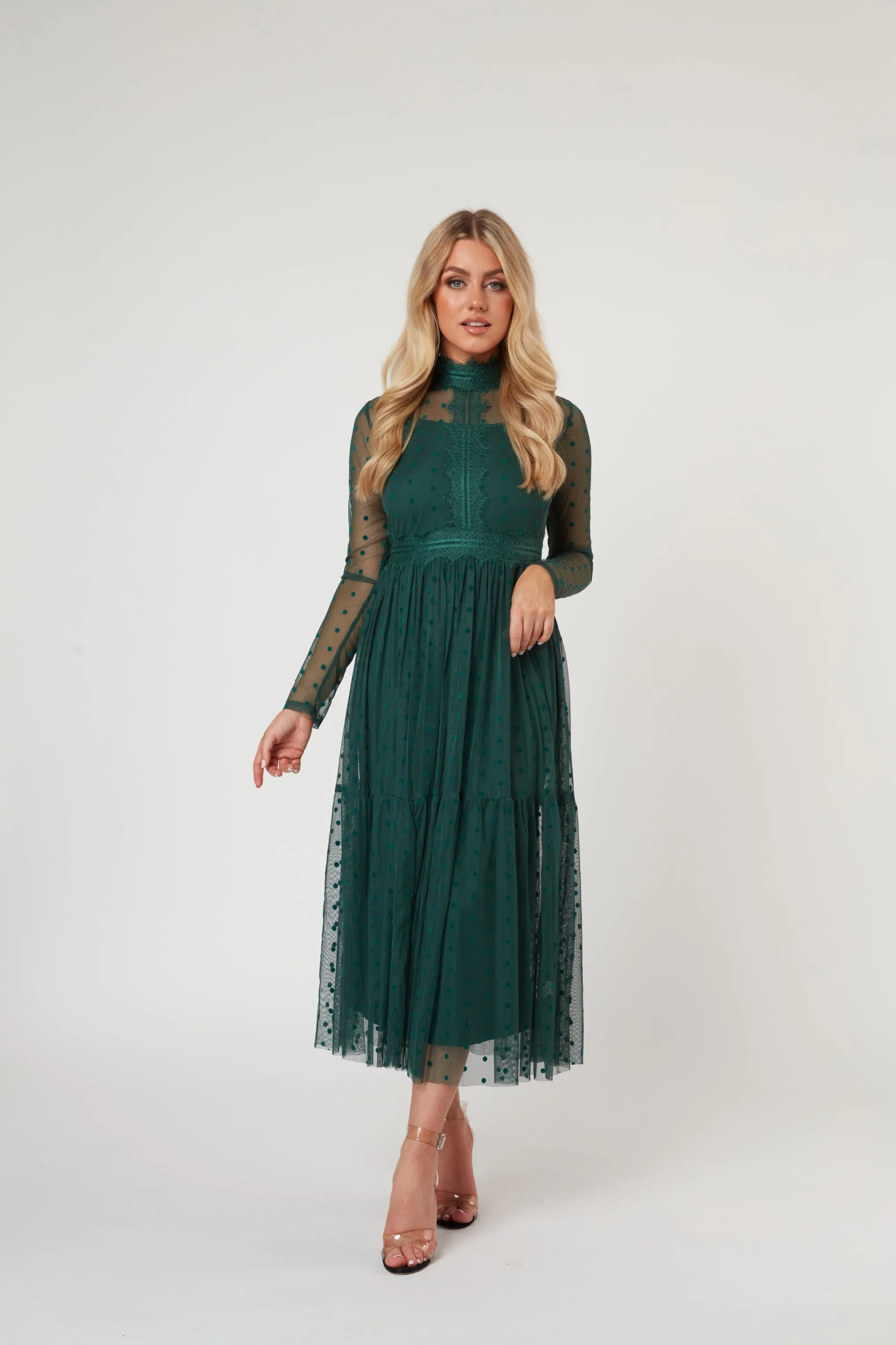 Roman Lola Polka Dot Midi Dress in Green