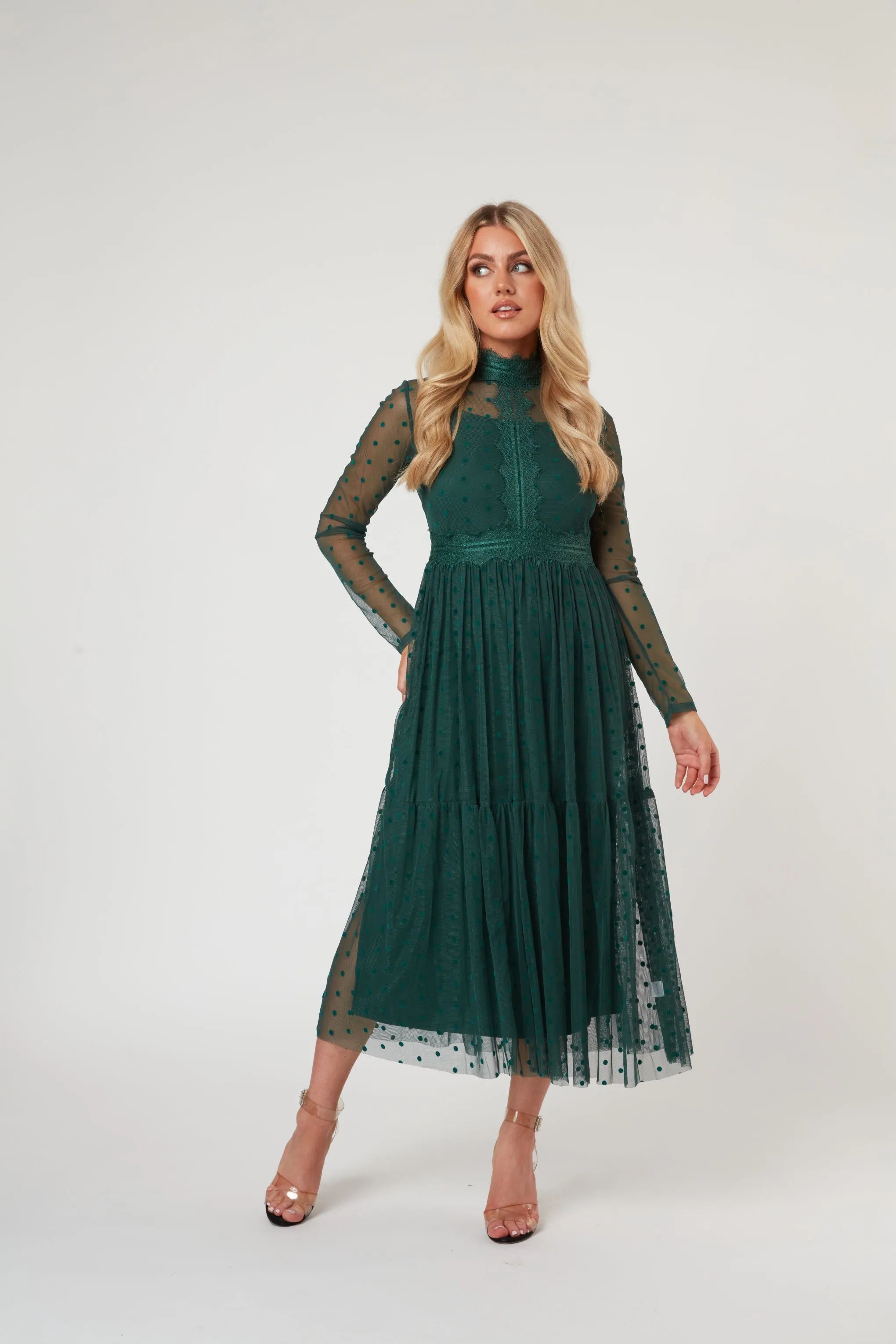 Roman Lola Polka Dot Midi Dress in Green