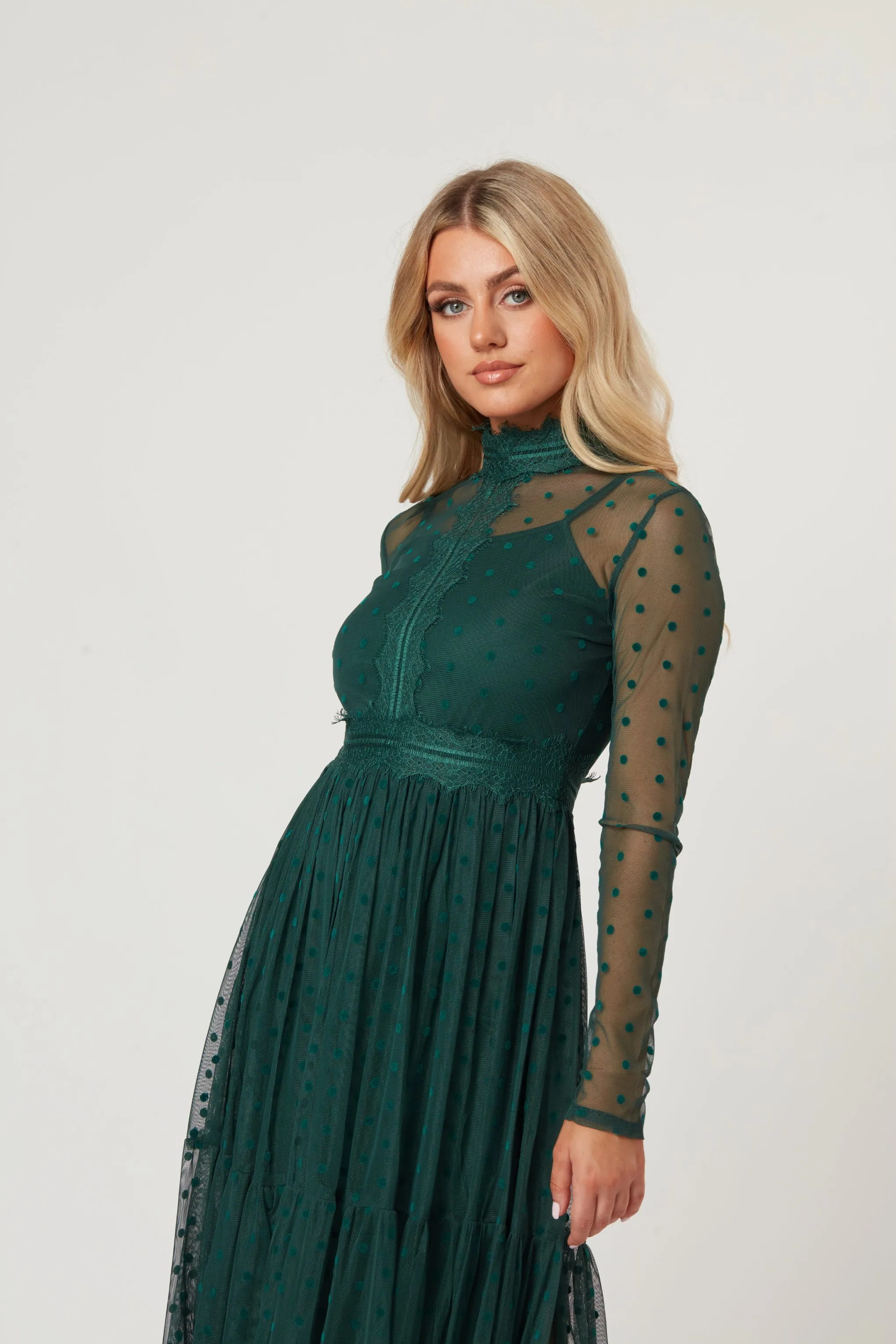 Roman Lola Polka Dot Midi Dress in Green