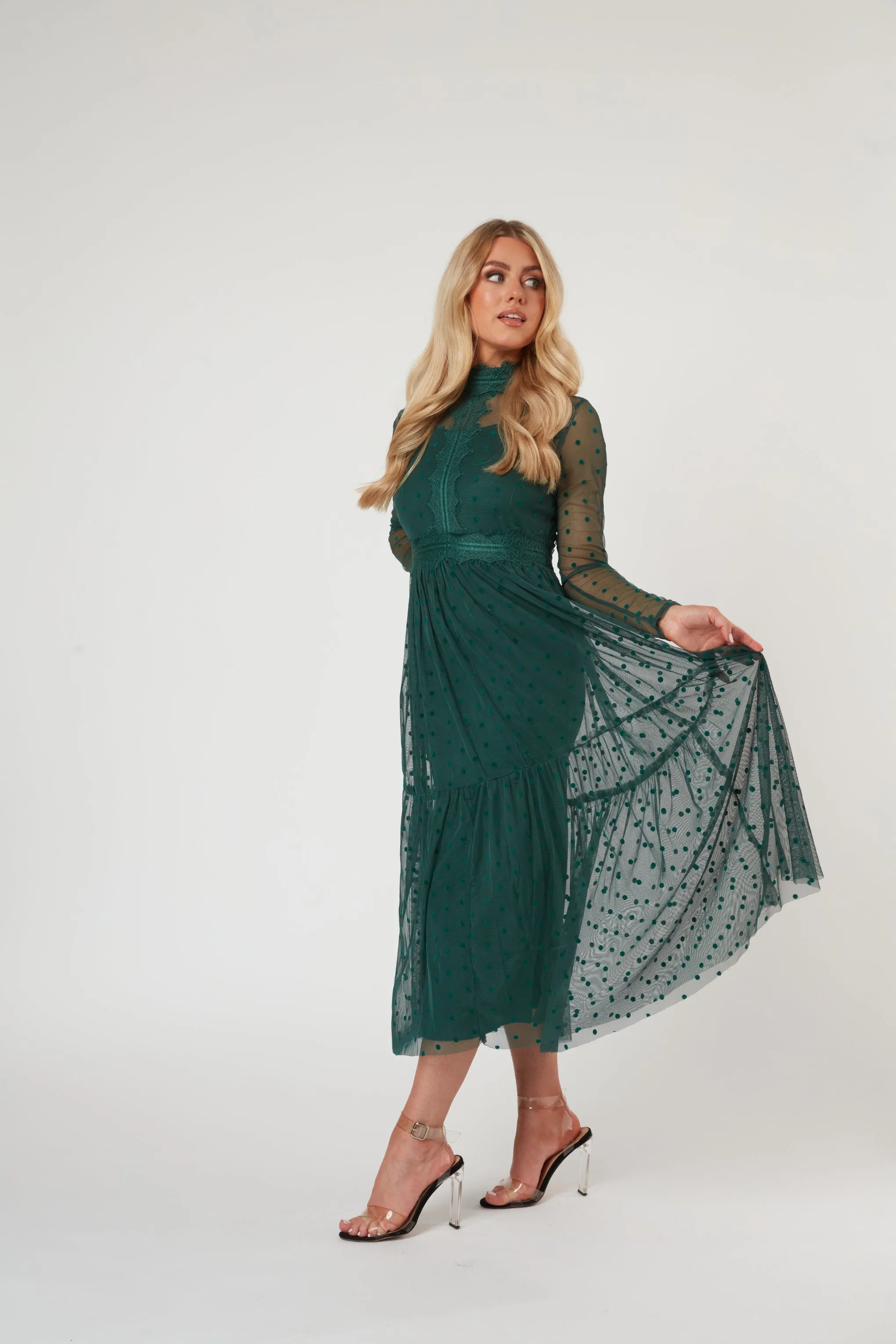 Roman Lola Polka Dot Midi Dress in Green