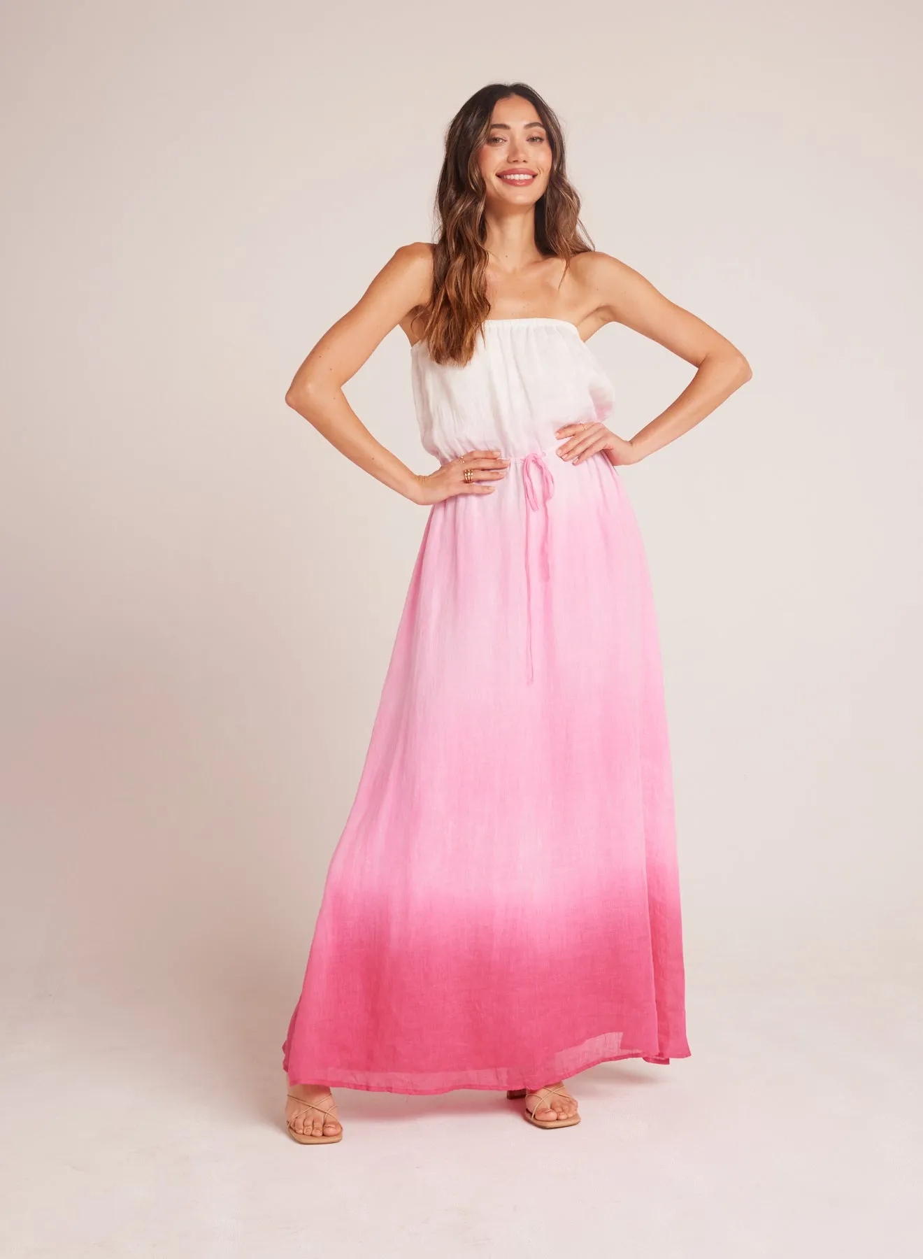 Strapless Linen Maxi Dress - Pink Ombre Dye