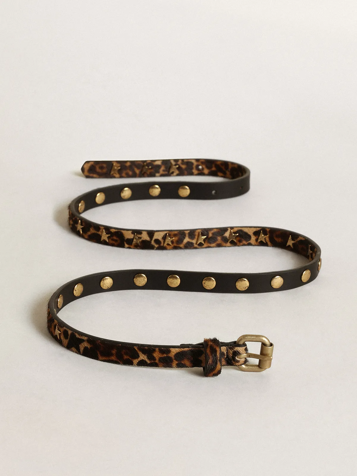 Women's belt in black and brown leopard print pony skin with studs