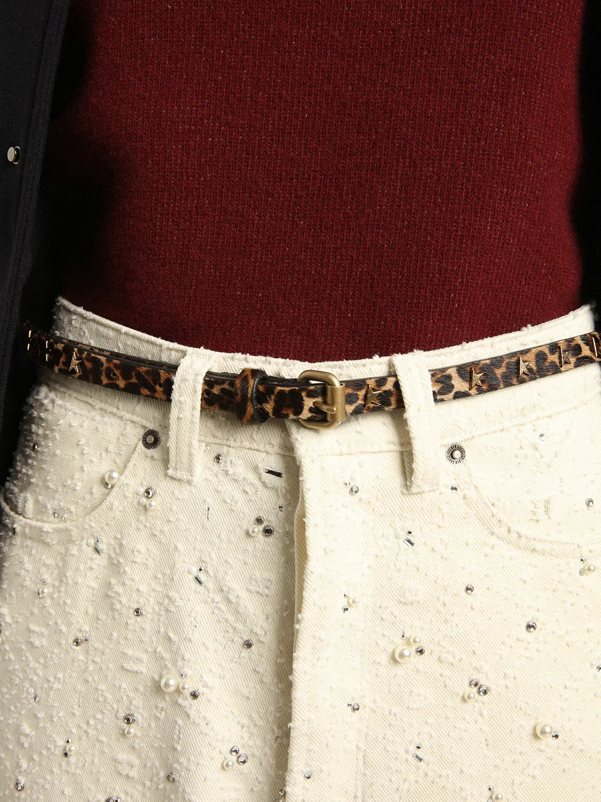 Women's belt in black and brown leopard print pony skin with studs